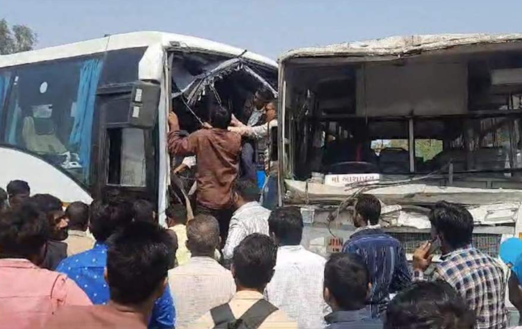 An accident between two buses and a bike, including an ST's Volvo, on Limbdi Highway