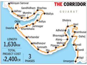1630km from Umargam to Narayan Sarovar. Long coastal corridor